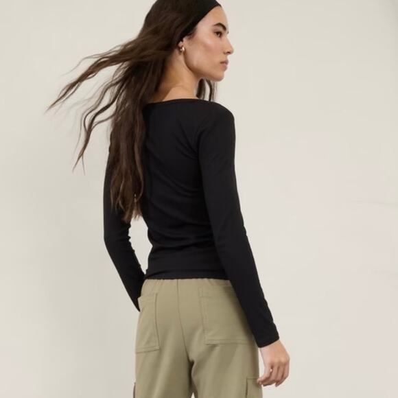 Athleta Top Womens XS Black Signature Rib Henley Modal Commute Lounge Travel New - Picture 2 of 10